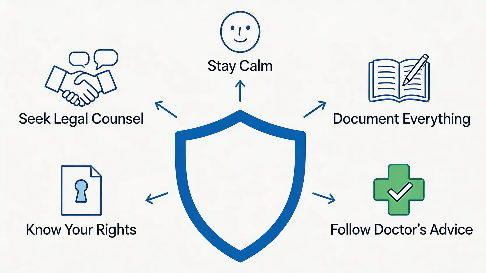 【2026工傷調查懶人包】被保險公司公證行跟蹤、偷拍?5大應對策略與法律責任分析 5 一張圖表展示應對工傷調查的5大自保策略:保持冷靜、詳細記錄、遵從醫囑、了解權利、以及尋求法律意見。