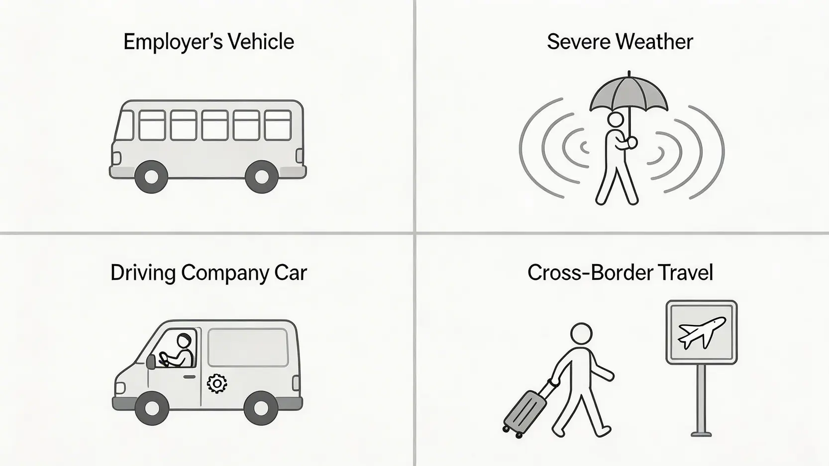 上下班途中受傷算唔算工傷?香港工傷條例2026版:4大例外+索償懶人包 3 四種受香港工傷條例保障的通勤例外情況示意圖,包括乘坐僱主車輛、惡劣天氣、駕駛公司車及跨境工作。