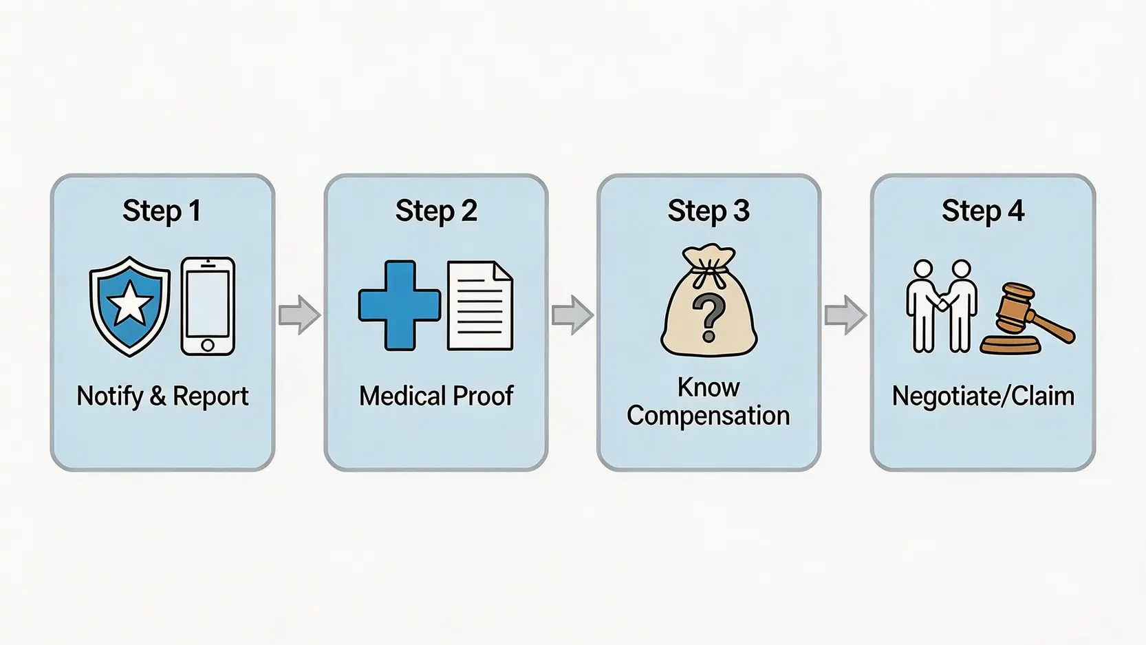 上下班途中受傷算唔算工傷?香港工傷條例2026版:4大例外+索償懶人包 4 工傷交通意外索償的四個步驟流程圖,包括通知僱主及報警、求醫及呈報工傷、了解賠償項目、進行協商或追討。