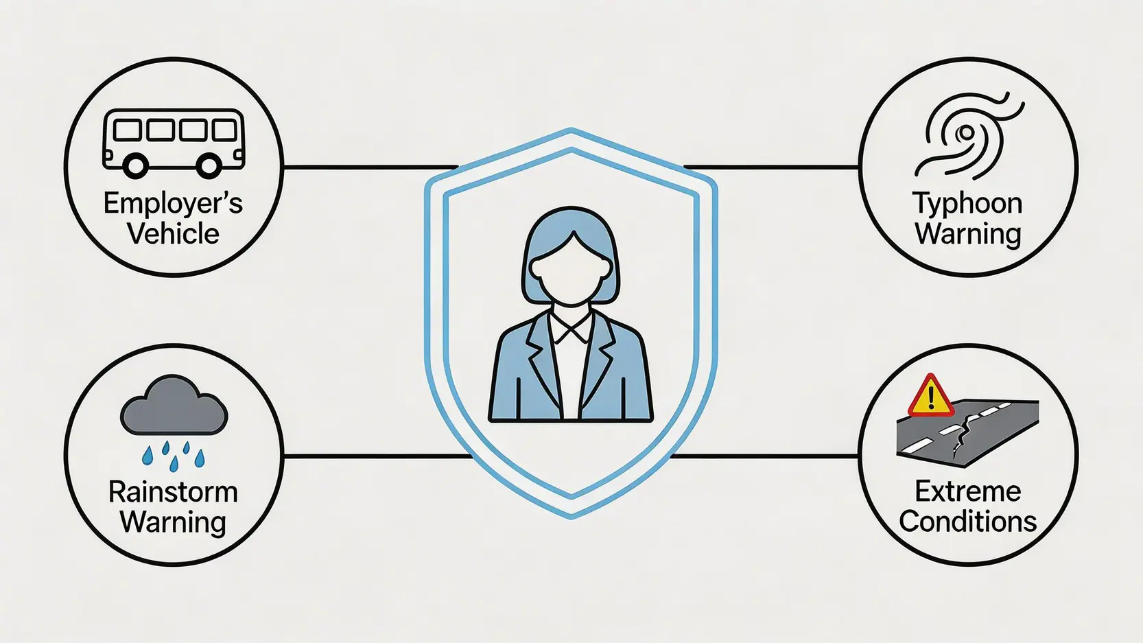 【2026香港工傷指南:】八號風球返工受傷點算?法律顧問拆解上下班途中工傷定義 3 四大上下班途中工傷例外情況示意圖,包括乘坐僱主交通工具、八號風球、紅黑雨警告和極端情況。