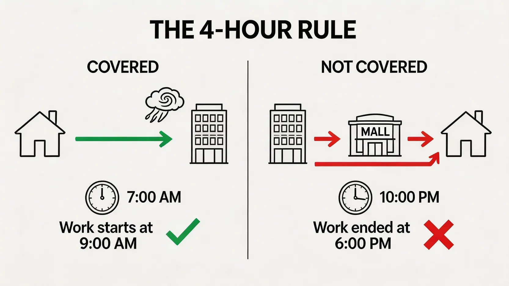 【2026香港工傷指南:】八號風球返工受傷點算?法律顧問拆解上下班途中工傷定義 4 圖解工傷保障的4小時黃金定律,對比直接返工路線與下班後偏離路線的分別。
