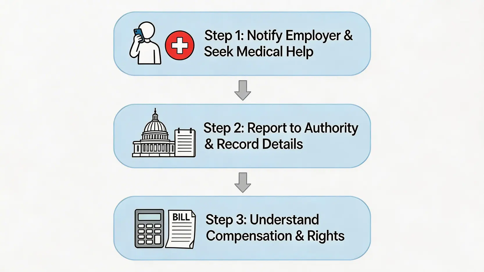 【2026香港工傷指南:】八號風球返工受傷點算?法律顧問拆解上下班途中工傷定義 5 工傷索償三步驟流程圖,包括通知僱主求醫、呈報勞工處和了解賠償計算。
