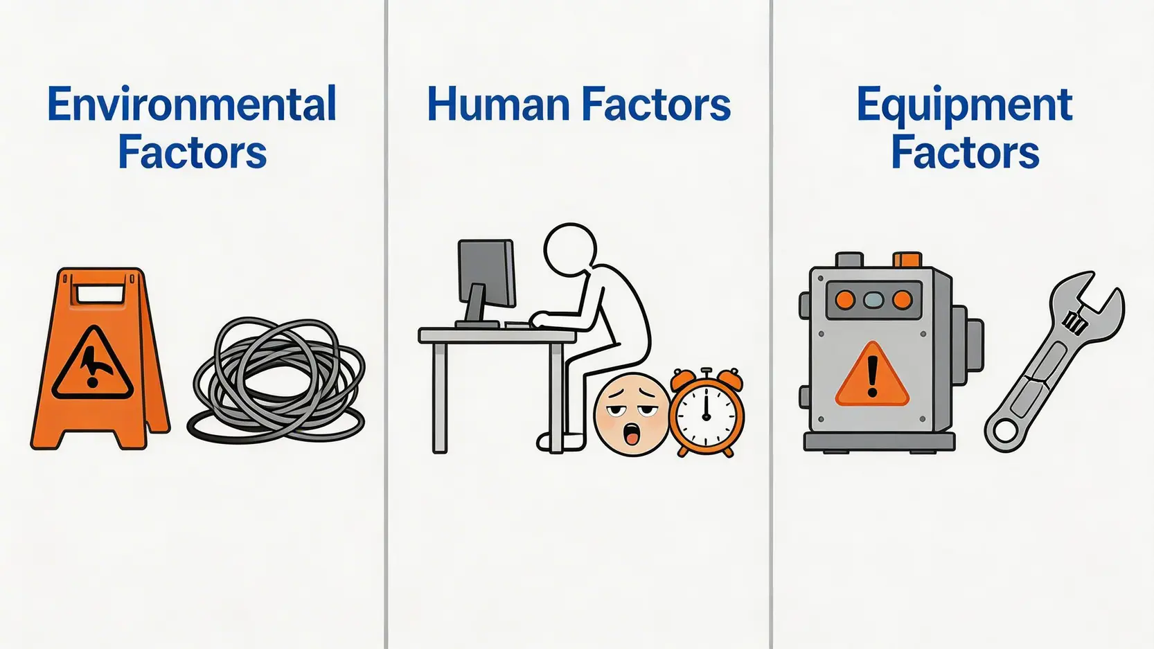 工傷成因點解會發生?2026香港5大常見工傷種類及職業病預防實用攻略 3 三大香港工傷成因圖解,包括環境因素、人為因素及工具設備因素。