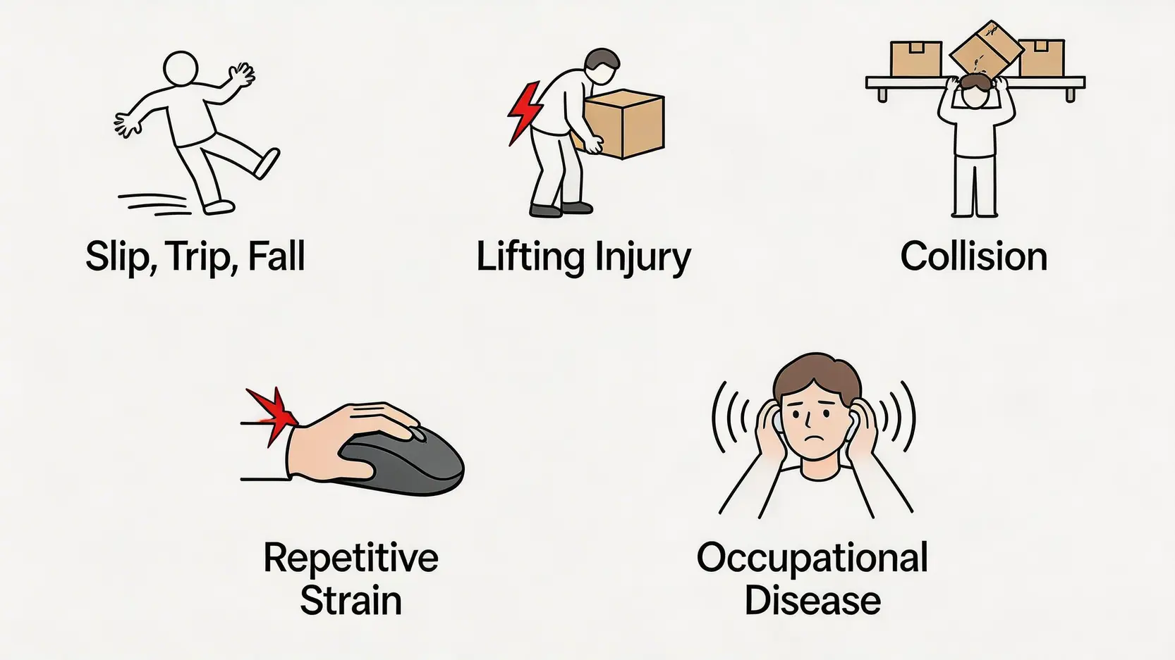 工傷成因點解會發生?2026香港5大常見工傷種類及職業病預防實用攻略 4 香港五大常見工傷種類的圖示,包括滑倒跌倒、搬運受傷、物件碰撞、重複性勞損和職業病。