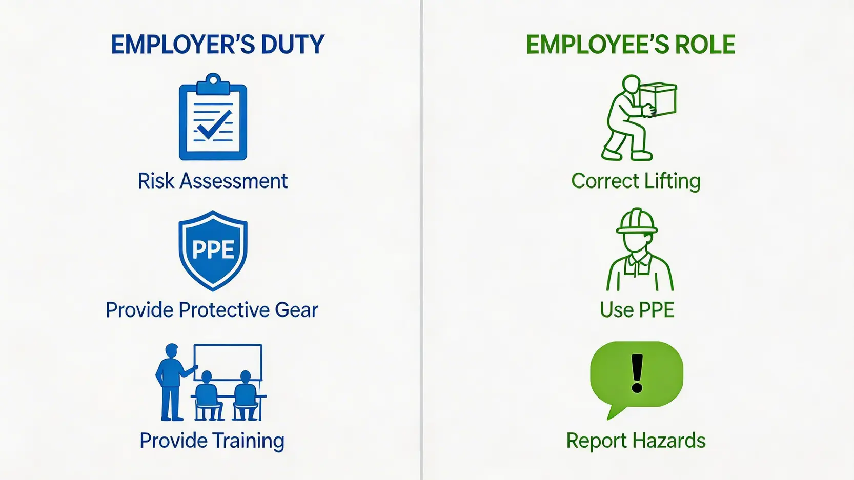 工傷成因點解會發生?2026香港5大常見工傷種類及職業病預防實用攻略 5 僱主與僱員在預防工傷中的責任對比圖,展示了雙方的關鍵預防措施。