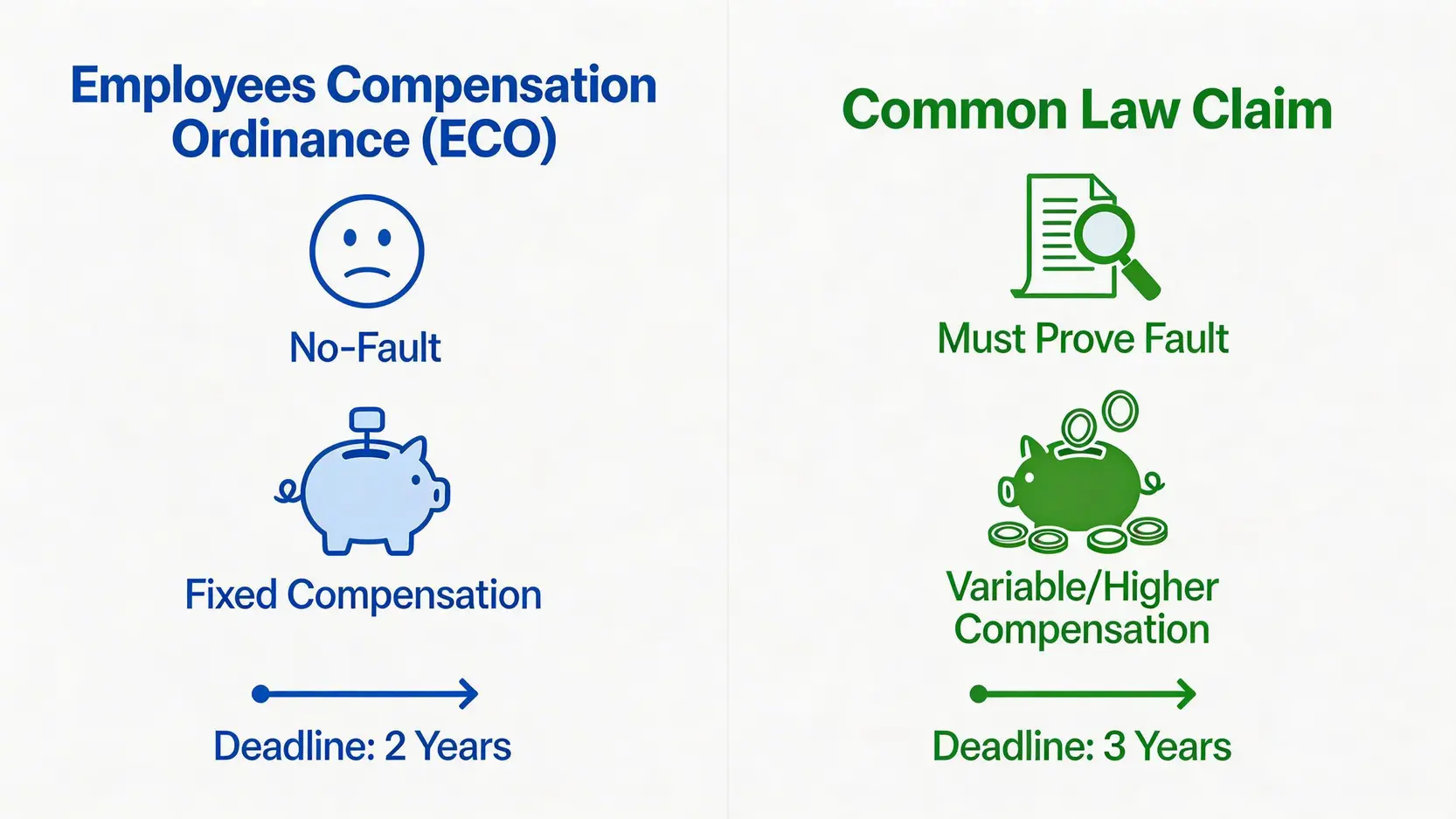 工傷索償2026指南:僱員補償條例與民事索償分別+5大重點全面拆解 3 《僱員補償條例》與工傷普通法索償的核心差異對比圖,展示了兩者在索償基礎、賠償上限和時限上的不同。
