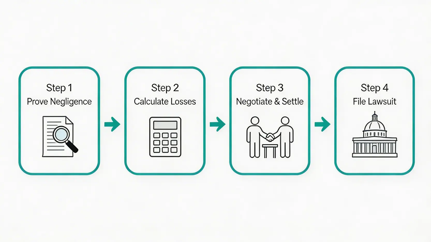 工傷索償2026指南:僱員補償條例與民事索償分別+5大重點全面拆解 4 工傷民事索償的四個關鍵步驟流程圖,從證明疏忽、計算損失、談判和解到提起訴訟。