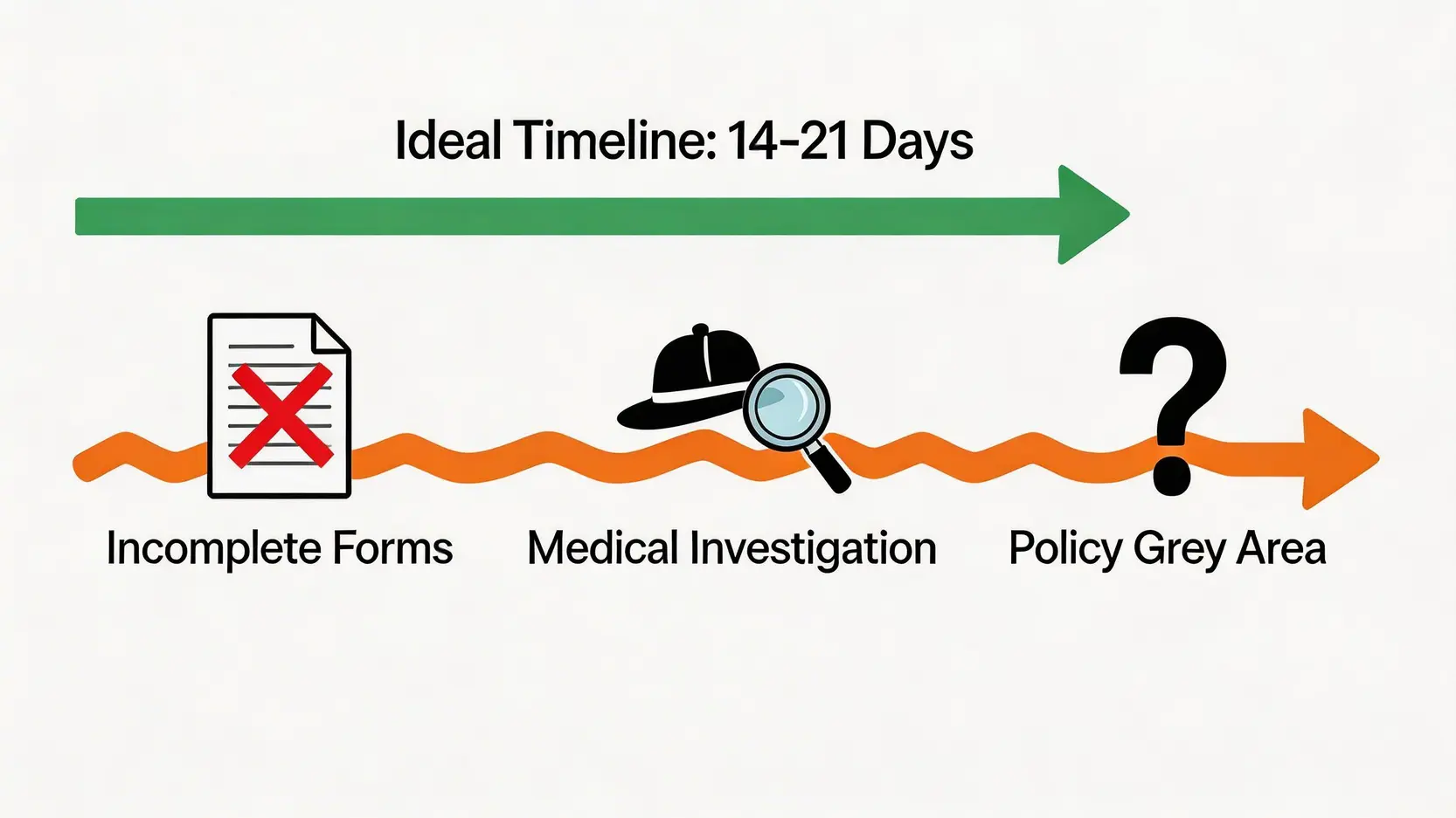 【2026AIA危疾索償全攻略】由流程、文件到時間一篇睇哂!附最新賠償報告分析 4 一張對比圖,展示AIA危疾索償的理想時間軸與因文件不齊、醫療調查或病症定義灰色地帶而可能導致延誤的情況。
